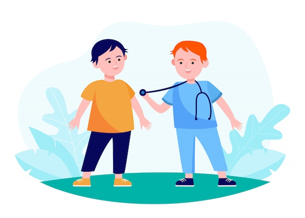 Бесплатное векторное изображение Мальчики, действующий врач и пациент