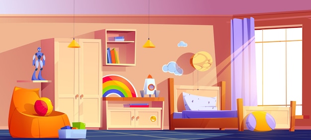 Boys bedroom with bed, bookshelf, cupboard, chair and toys box. Vector cartoon illustration of kids room interior with nightstand, books, ball, rocket, robot and night light on wall