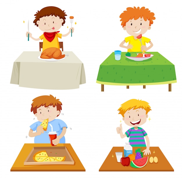Бесплатное векторное изображение Мальчики едят за обеденным столом