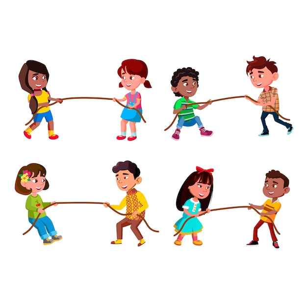 Free vector boys and girls children pulling rope set