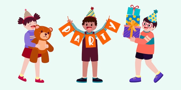 Ragazzi e ragazze felici alla festa, con indosso il cappello, in mano una scatola regalo e un palloncino colorato in un personaggio dei cartoni animati con scritte let's party, illustrazione vettoriale di design piatto