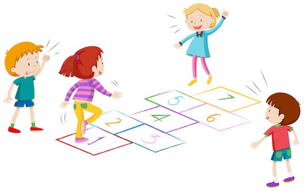 Boys and girls playing hopscotch