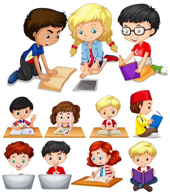 Free vector boys and girls reading and studying illustration