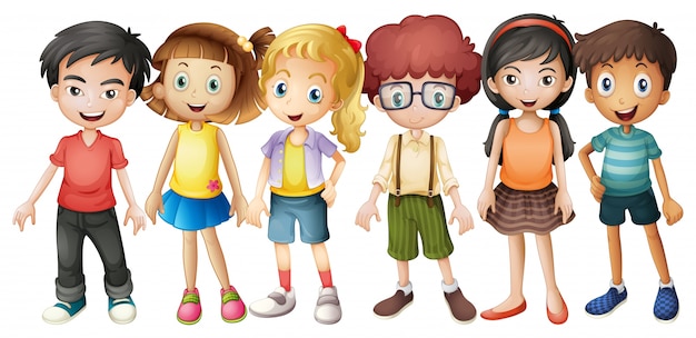 Boys and girls standing in group illustration