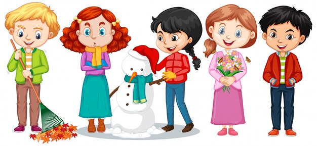 Boys and girls in winter clothes