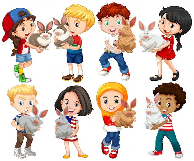 Boys and girls with rabbit pet illustration