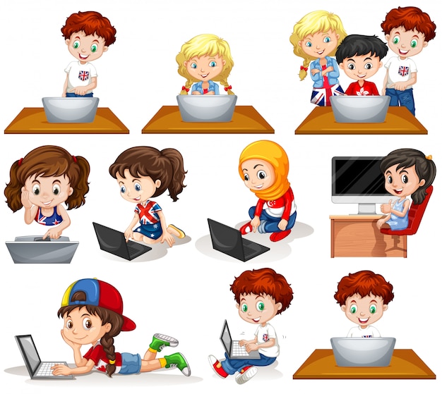 Free vector boys and girls working on computer