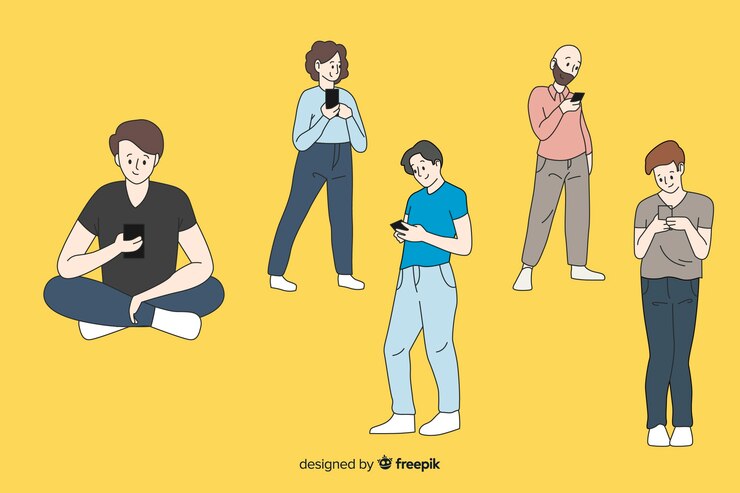 無料Vector 韓国の描画スタイルでスマートフォンを保持している男の子