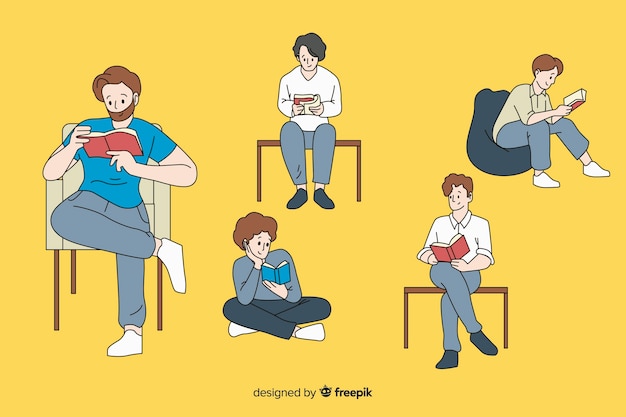 Free vector boys reading in korean drawing style