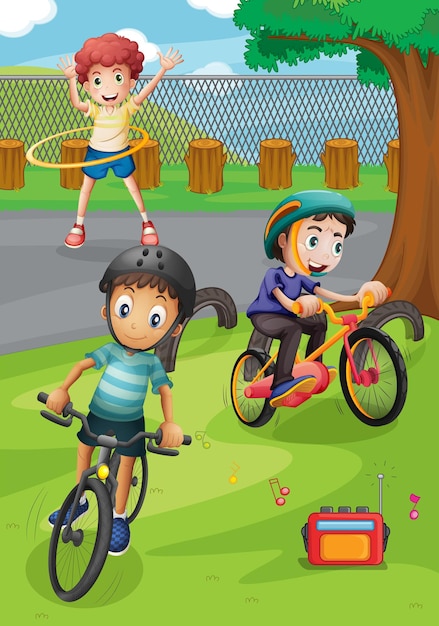 Free vector boys riding bike and exercising in the park