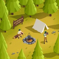 Ragazzi scout che cucinano marshmallow sul fuoco e osservano attraverso il binocolo nel campo estivo nella foresta 3d isometrica illustrazione vettoriale