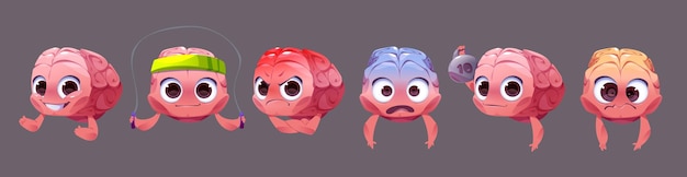 Персонаж мультфильма о мозге с разными эмоциями. векторный набор иллюстраций органа человеческой памяти, делающего упражнения и тренировки, чтобы быть сильным и здоровым. счастливые злые и растерянные смайлики на лице.