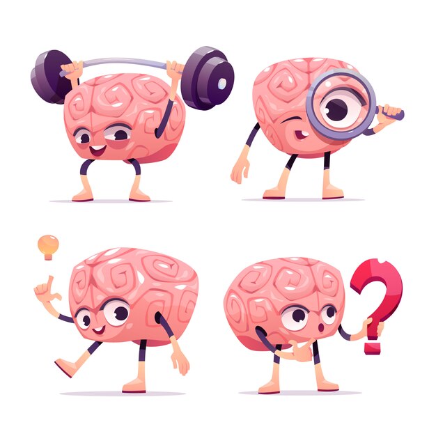 Brain characters, cartoon mascot with funny face