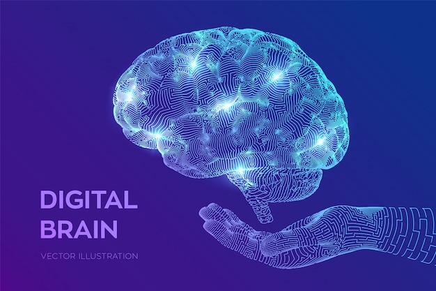Brain. Digital brain in hand. Neural network.