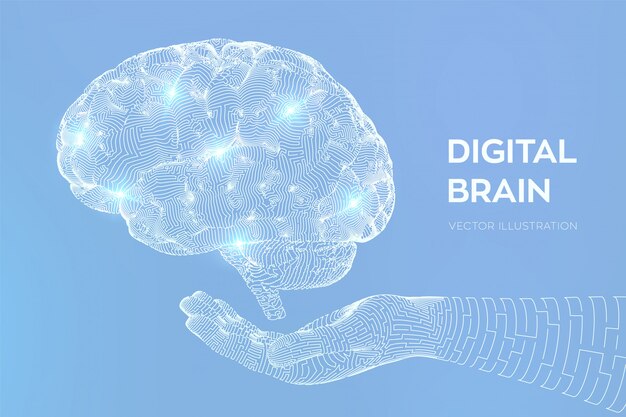 Brain. Digital brain in hand. Neural network.