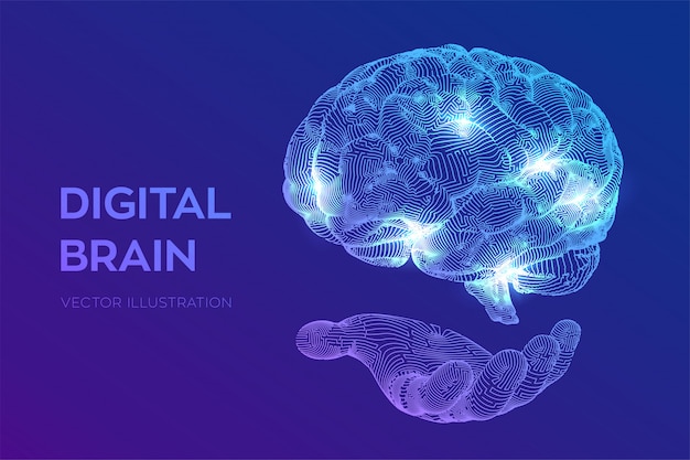 Brain. Digital brain in hand. Neural network.