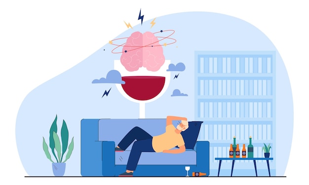 Brain of drunkard waking up with hangover. man with headache after sleeping, bottles of strong alcohol or liquor flat vector illustration. alcohol, health concept for banner or landing web page