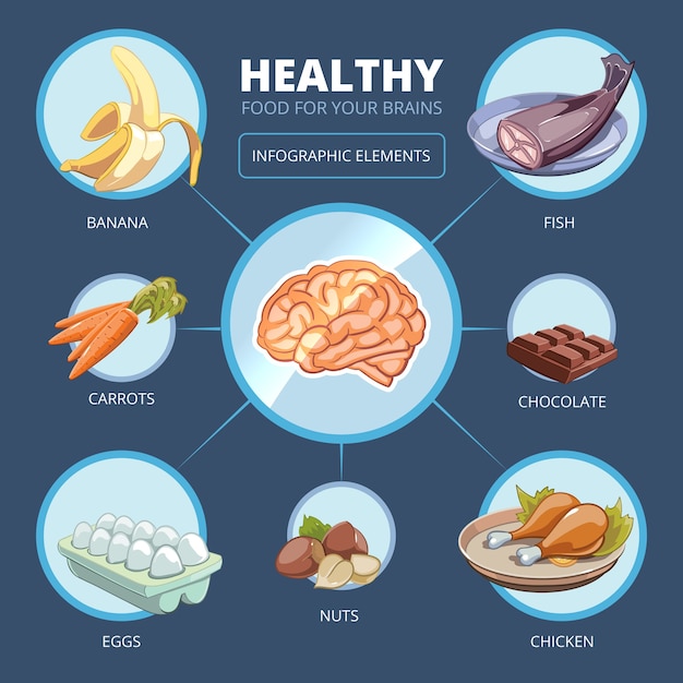 Brain food vector infographics. Meat and vitamin, energy for mind, banana and carrot, chicken illustration