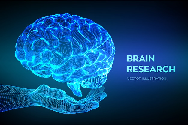 손에 뇌. 인간의 뇌 연구. 신경망.