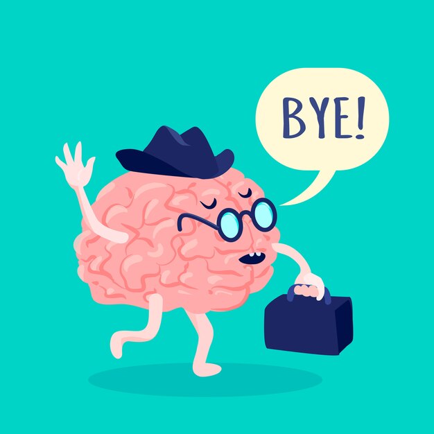 Brain in hat and glasses saying bye with suitcase flat vector illustration 