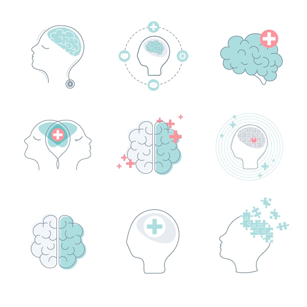 Набор векторов значков мозга и психического здоровья
