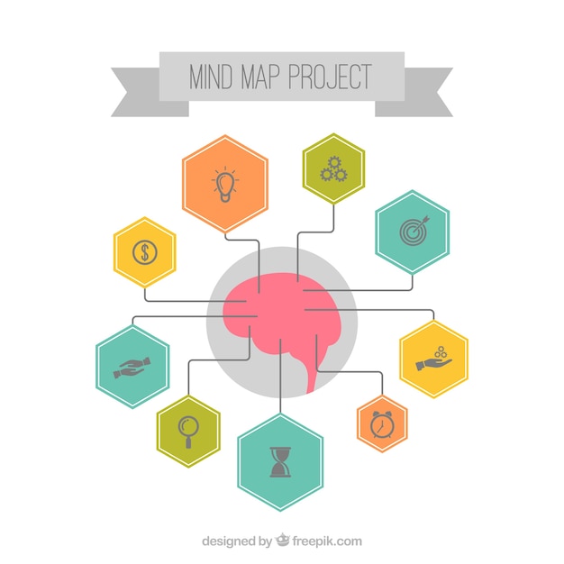 Free vector brain scheme with icons and hexagons