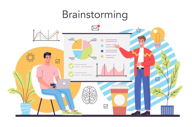 Brainstorm concept New idea generation in teamwork discussion Making innovation and moving towards success Isolated flat vector illustration