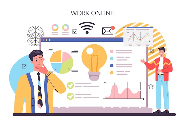 Brainstorm online service or platform New idea generation in teamwork discussion Making innovation towards success Online work Flat vector illustration