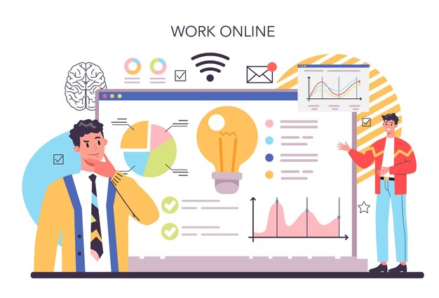 Brainstorm online service or platform New idea generation in teamwork discussion Making innovation towards success Online work Flat vector illustration