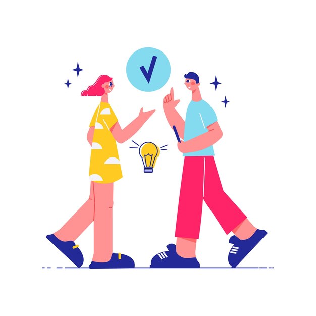 Brainstorm team work composition with male and female characters with done sign and lamp bulb illustration