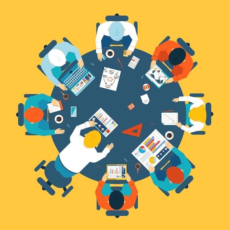 Free Vector brainstorming and teamwork concept with a broup of busdinessman having a meeting around a round table sharing ideas and problem solving  overhead view vector illustration