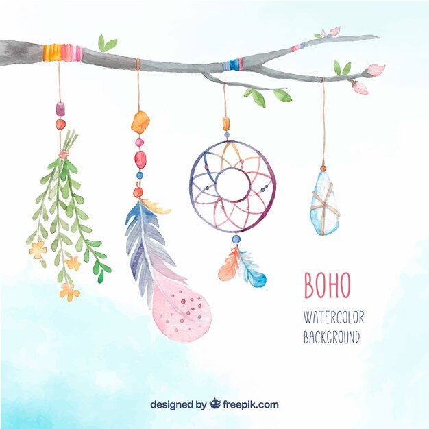 Branch background with decorative boho watercolor elements