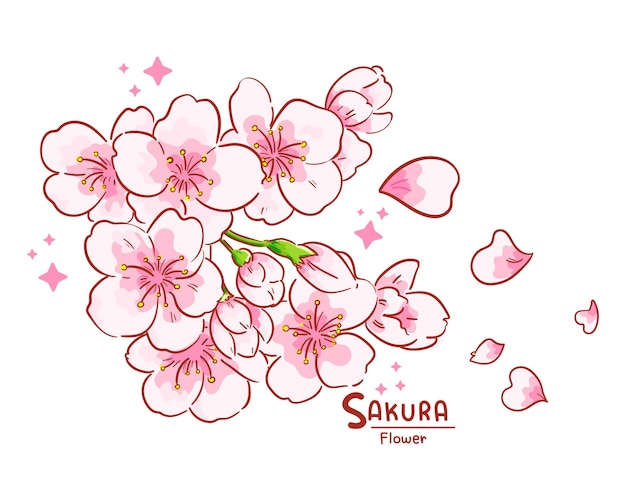 Branch of sakura flowers hand drawn cartoon art illustration
