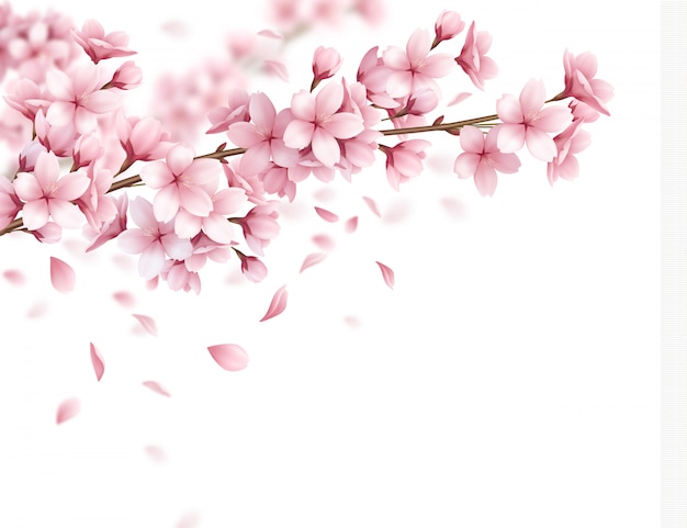 Ветка с красивыми цветами сакуры и падающими лепестками реалистичная композиция иллюстрация