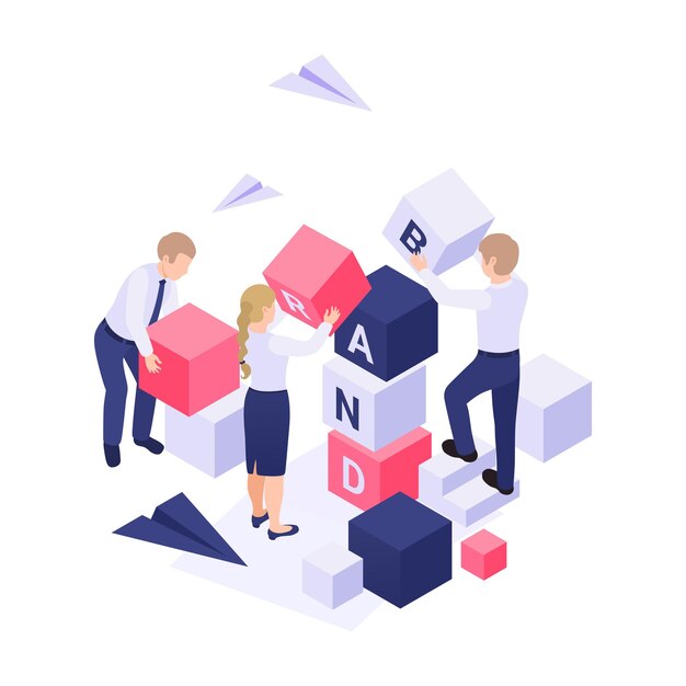 Brand building isometric concept with characters and colorful blocks 3d  illustration