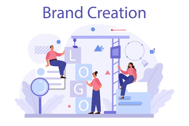 Концепция создания бренда Специалист по маркетингу разрабатывает уникальную презентацию компании и креативную идентичность Узнаваемость бренда как часть маркетинговой стратегии Изолированная плоская иллюстрация