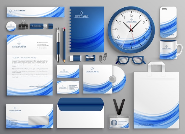 Brand identity business stationery set in blue wavy shape Premium Vector