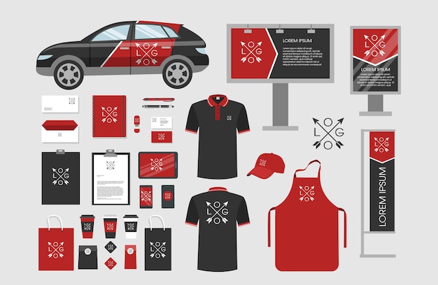 Free vector brand identity set car and clothes letters and papers with logo