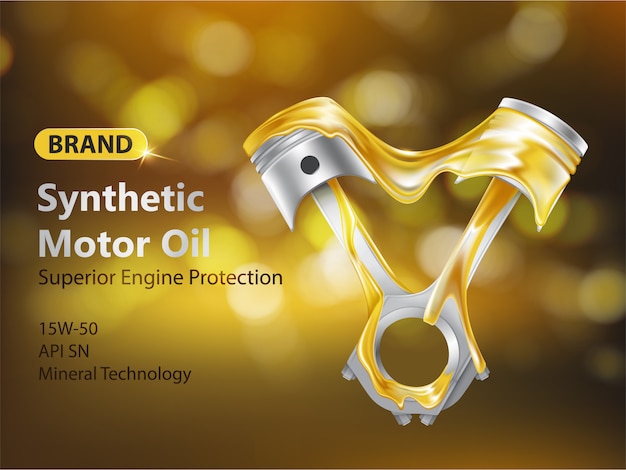 Brand new synthetic motor oil 3d realistic advertising banner with internal combustion engine pistons