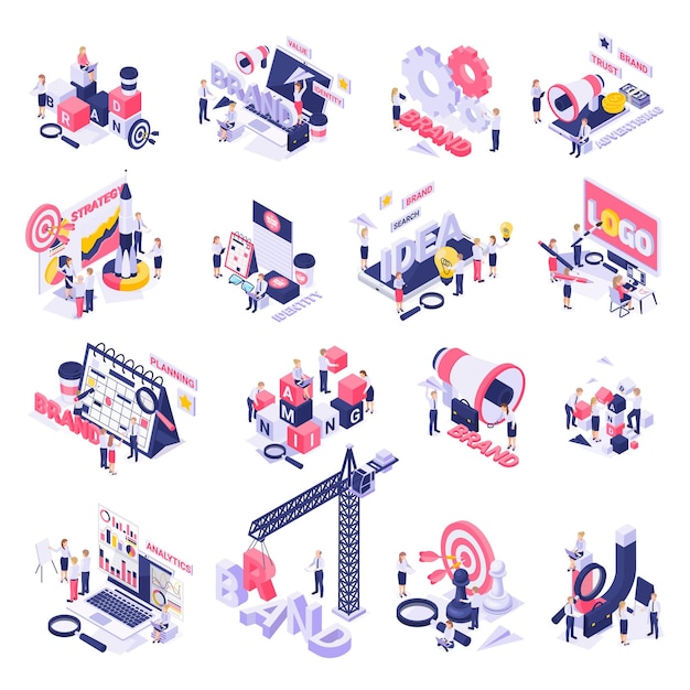 Free vector branding concept strategies symbols isometric icons set with target logo creating megaphone collaboration cogwheels magnifier vector illustration