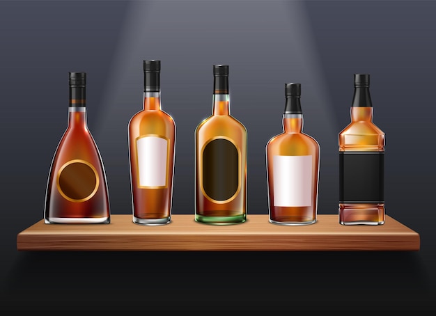 Бренди, коньяк, виски, реалистичная иллюстрация стеклянных бутылок Premium векторы
