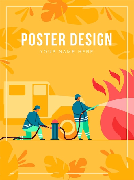 Brave firefighters firefighting with flame poster template