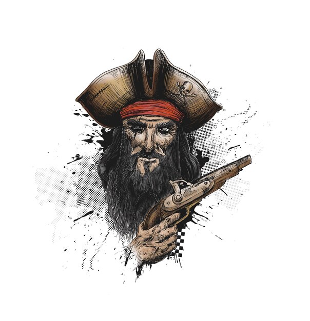 Brave pirate with pistol for tshirt print Hand Drawn Sketch Vector illustration