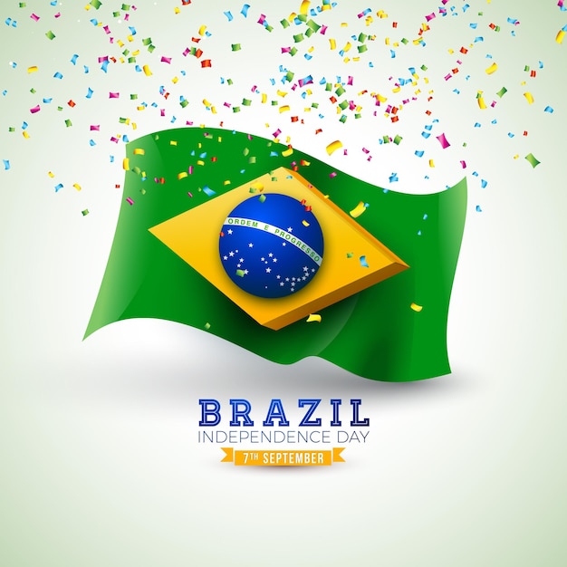 깃발과 밝은 배경에 떨어지는 색종이와 브라질 독립 기념일 그림. 9월 7일