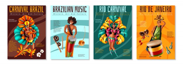 Бразильские ежегодные карнавальные фестивали реалистичные красочные плакаты с традиционными костюмами музыкальных инструментов, изолированных векторная иллюстрация