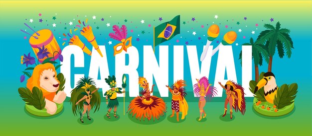 Brazilian dancing carnival isometric concept with performance and fun symbols   illustration