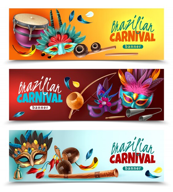 Brazilian festival carnival 3 horizontal realistic colorful banners with traditional musical instruments masks feathers isolated vector illustration