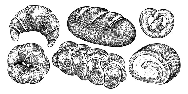 パンとデザートの手描きスケッチ装飾セット
