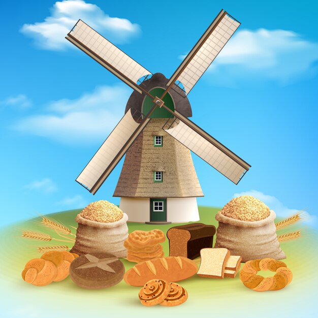 Bread and mill with harvest and grain flat illustration