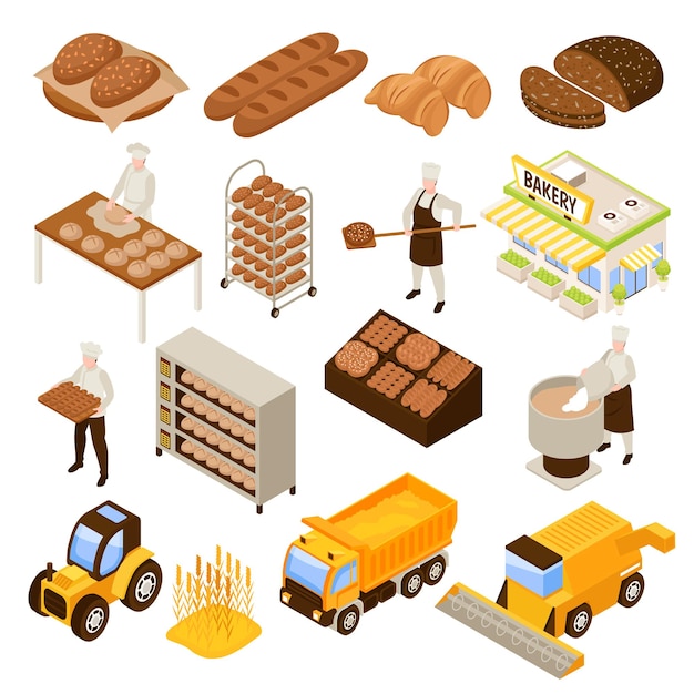 Set di produzione di pane con illustrazione vettoriale isolata isometrica di simboli agricoli